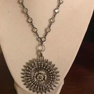 Silver Sunburst Necklace Silvertone Clear Chain